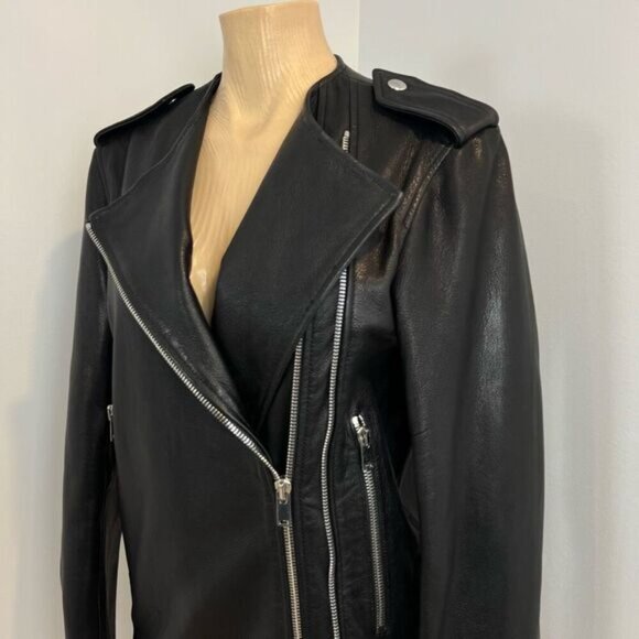 Zara Studio Women’s XS/S Black Goat Leather Motorcycle Jacket Oversized Rock - Picture 3 of 16